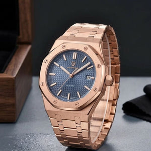Relógio masculino Poedagar Deluxe Octagon Rosé Blue em aço inoxidável, mostrador azul — outro ângulo