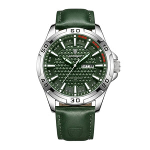 Relógio masculino Poedagar Meridian Green Savage em couro, mostrador verde