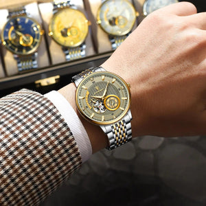 Relógio masculino Poedagar Botticelli Gold Grey em aço inoxidável, mostrador cinza — detalhe do acabamento