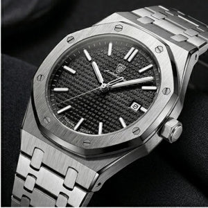 Relógio masculino Poedagar Deluxe Octagon Silver Black em aço inoxidável, mostrador preto — outro ângulo