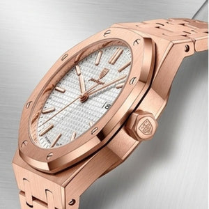 Relógio masculino Poedagar Deluxe Octagon Rosé White em aço inoxidável, mostrador branco — vista do conjunto