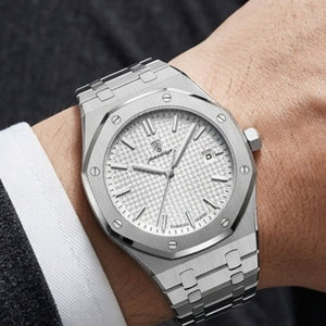Relógio masculino Poedagar Deluxe Octagon Silver White em aço inoxidável, mostrador branco — vista detalhada