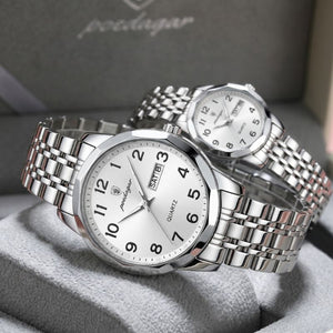 Relógios Poedagar Dual Essence Silver White para casal — design masculino e feminino