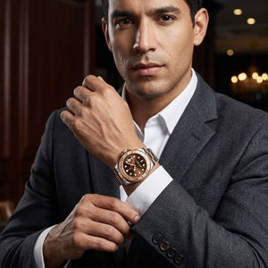 Relógio masculino Poedagar Submariner Rose Gold Brown em aço inoxidável, mostrador marrom — vista detalhada