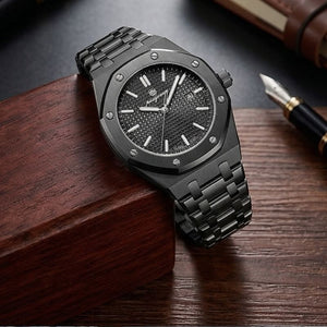 Relógio masculino Poedagar Deluxe Octagon All Black em aço inoxidável, mostrador preto — outro ângulo