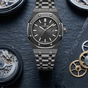 Relógio masculino Poedagar Deluxe Octagon All Black em aço inoxidável, mostrador preto — imagem complementar