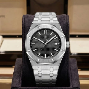 Relógio masculino Poedagar Deluxe Octagon Silver Black em aço inoxidável, mostrador preto — detalhe do acabamento