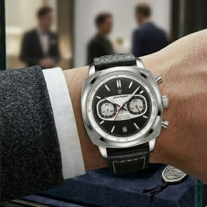 Relógio masculino Poedagar Dominium Chrono Silver Black em couro, mostrador preto — detalhe do acabamento