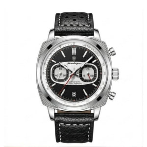 Relógio masculino Poedagar Dominium Chrono Silver Black em couro, mostrador preto