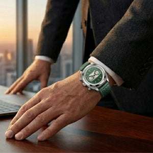 Relógio masculino Poedagar Dominium Chrono Silver Green em couro, mostrador verde — vista detalhada