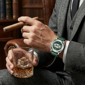 Relógio masculino Poedagar Dominium Chrono Silver Green em couro, mostrador verde — vista do conjunto