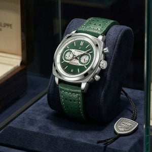 Relógio masculino Poedagar Dominium Chrono Silver Green em couro, mostrador verde — vista frontal