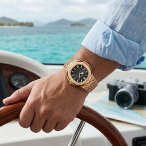 Relógio masculino Poedagar Nautilus Rose Black em aço inoxidável, mostrador preto — vista detalhada