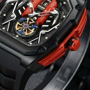 Relógio masculino Poedagar Velocity Black Red em silicone, mostrador vermelho — detalhe do acabamento