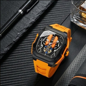 Relógio masculino Poedagar Velocity Orange em silicone, mostrador laranja — vista detalhada