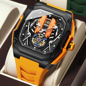 Relógio masculino Poedagar Velocity Orange em silicone, mostrador laranja — outro ângulo