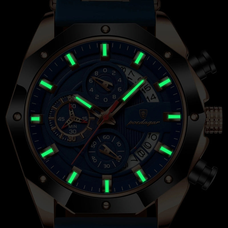 Relógio masculino Poedagar Philippe Rose Gold Edition em silicone, mostrador dourado — vista do conjunto
