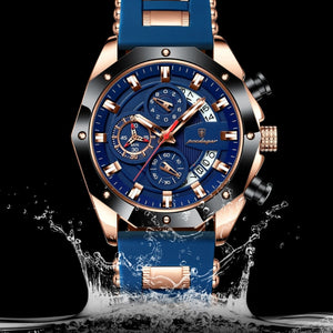 Relógio masculino Poedagar Philippe Rose Gold Edition em silicone, mostrador dourado — detalhe do design