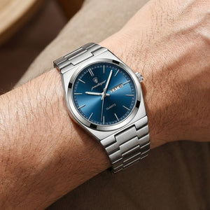 Relógio masculino Poedagar Magnate Blu Profondo em aço inoxidável, mostrador azul — vista detalhada