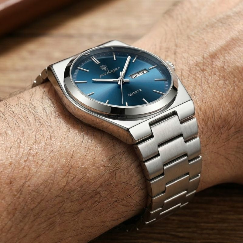 Relógio masculino Poedagar Magnate Blu Profondo em aço inoxidável, mostrador azul — detalhe do acabamento