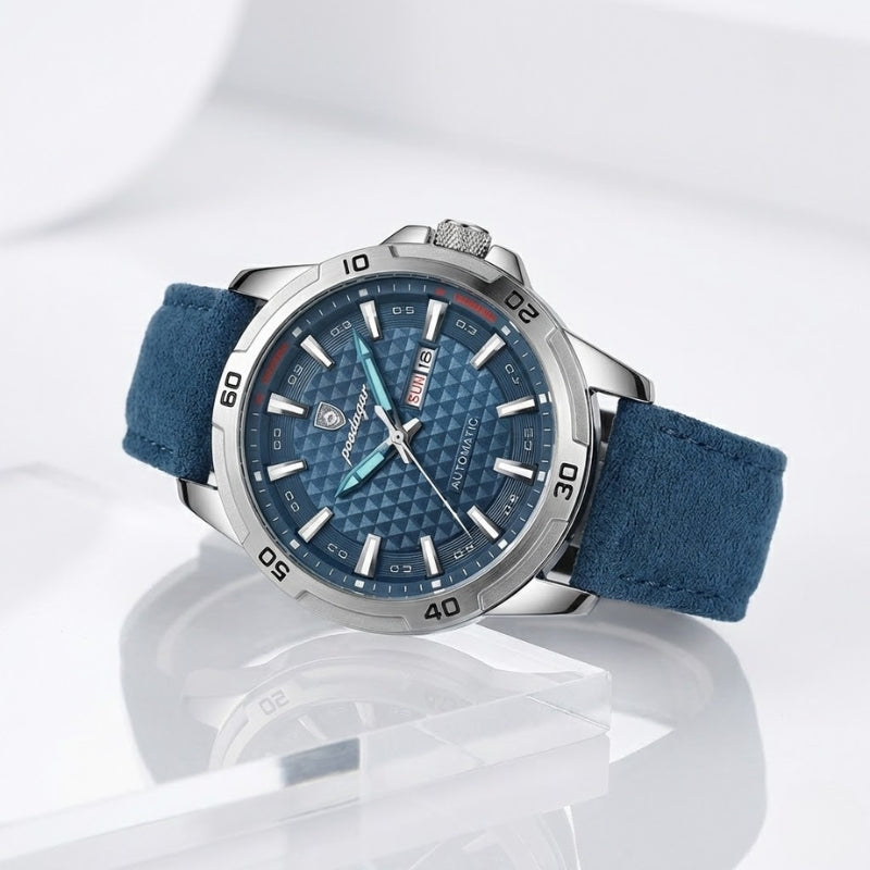 Relógio masculino Poedagar Meridian Blue Ocean em couro, mostrador azul — vista do conjunto