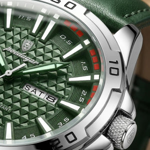 Relógio masculino Poedagar Meridian Green Savage em couro, mostrador verde — vista detalhada