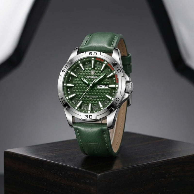 Relógio masculino Poedagar Meridian Green Savage em couro, mostrador verde — detalhe do acabamento