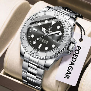 Relógio masculino Poedagar Submariner Silver Black em aço inoxidável, mostrador preto — outro ângulo