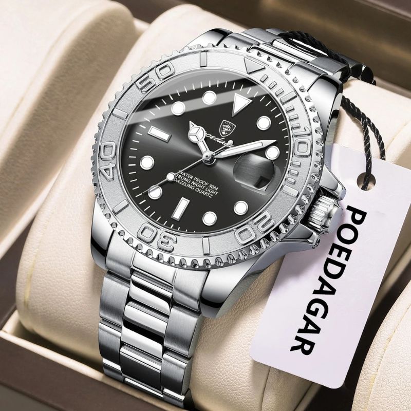Relógio masculino Poedagar Submariner Silver Black em aço inoxidável, mostrador preto — outro ângulo