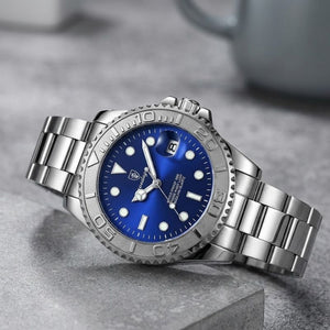 Relógio masculino Poedagar Submariner Silver Blue em aço inoxidável, mostrador azul — vista detalhada