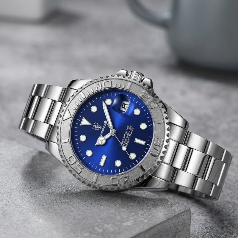 Relógio masculino Poedagar Submariner Silver Blue em aço inoxidável, mostrador azul — vista detalhada