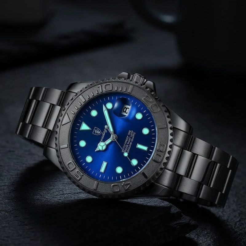 Relógio masculino Poedagar Submariner Silver Blue em aço inoxidável, mostrador azul — detalhe do acabamento