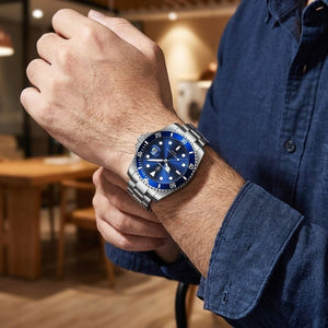 Relógio masculino Poedagar Bernini Silver Blue em aço inoxidável, mostrador azul — vista detalhada