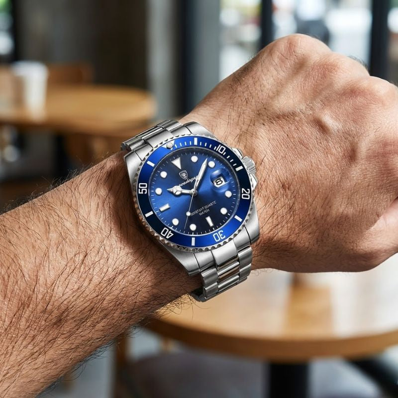 Relógio masculino Poedagar Bernini Silver Blue em aço inoxidável, mostrador azul — detalhe do acabamento