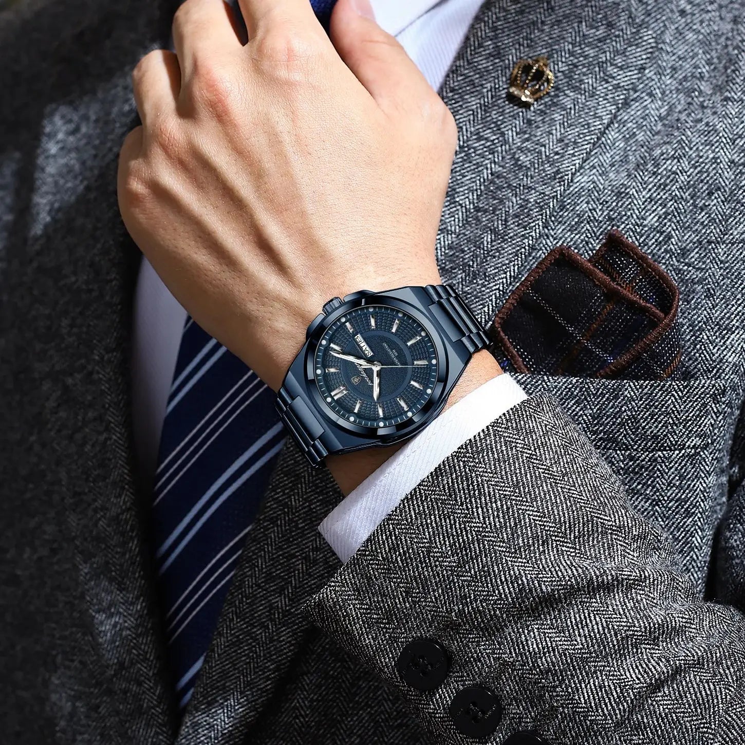 relogio poedagar aco azul mostrador redondo