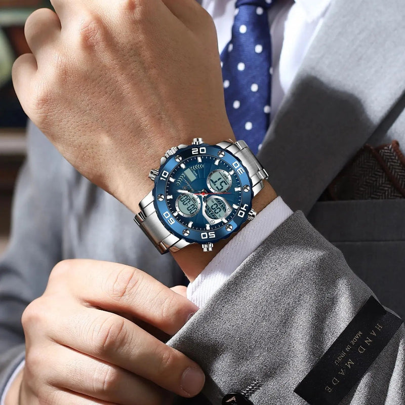 Relógio masculino Poedagar Cronos Marino em aço inoxidável, mostrador azul-marinho — detalhe do design