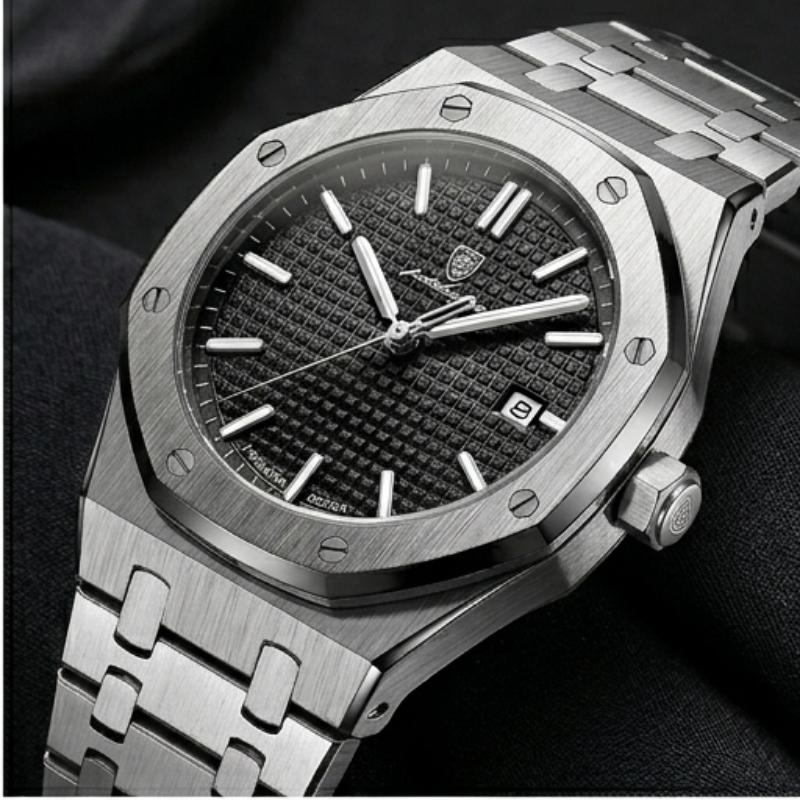 Relógio masculino Poedagar Deluxe Octagon Silver Black em aço inoxidável, mostrador preto — outro ângulo