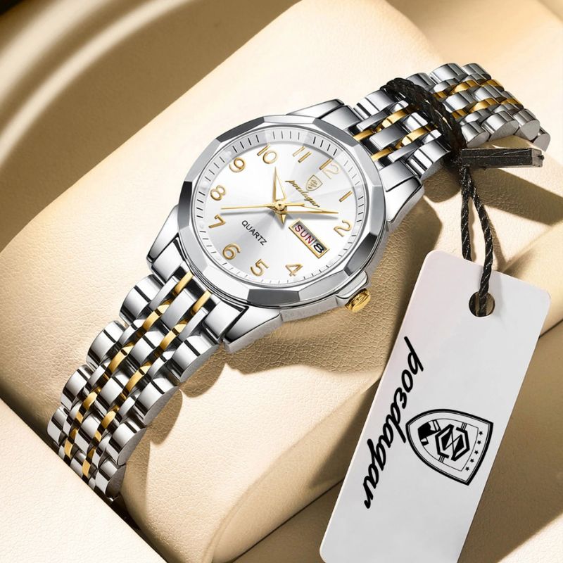 Relógio feminino Poedagar Dual Essence Gold White, conjunto para casal — detalhe