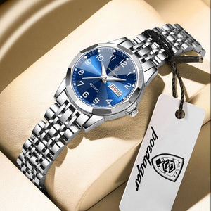 Relógio feminino Poedagar Dual Essence Silver Blue, conjunto para casal — presente romântico