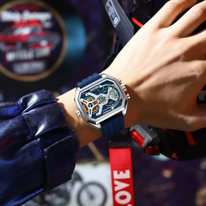 Relógio masculino Poedagar Imperium Azzurro em silicone, mostrador azul-marinho — outro ângulo