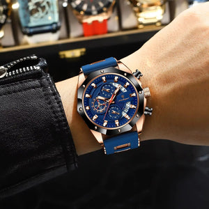 Relógio masculino Poedagar Philippe Rose Gold Edition em silicone, mostrador dourado — vista detalhada
