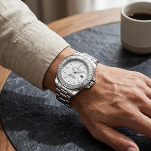 Relógio masculino Poedagar Submariner Silver White em aço inoxidável, mostrador branco — detalhe do acabamento