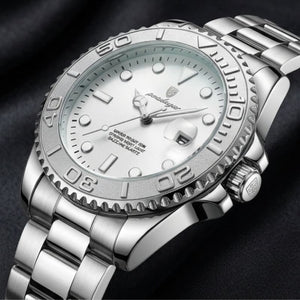 Relógio masculino Poedagar Submariner Silver White em aço inoxidável, mostrador branco — detalhe do design