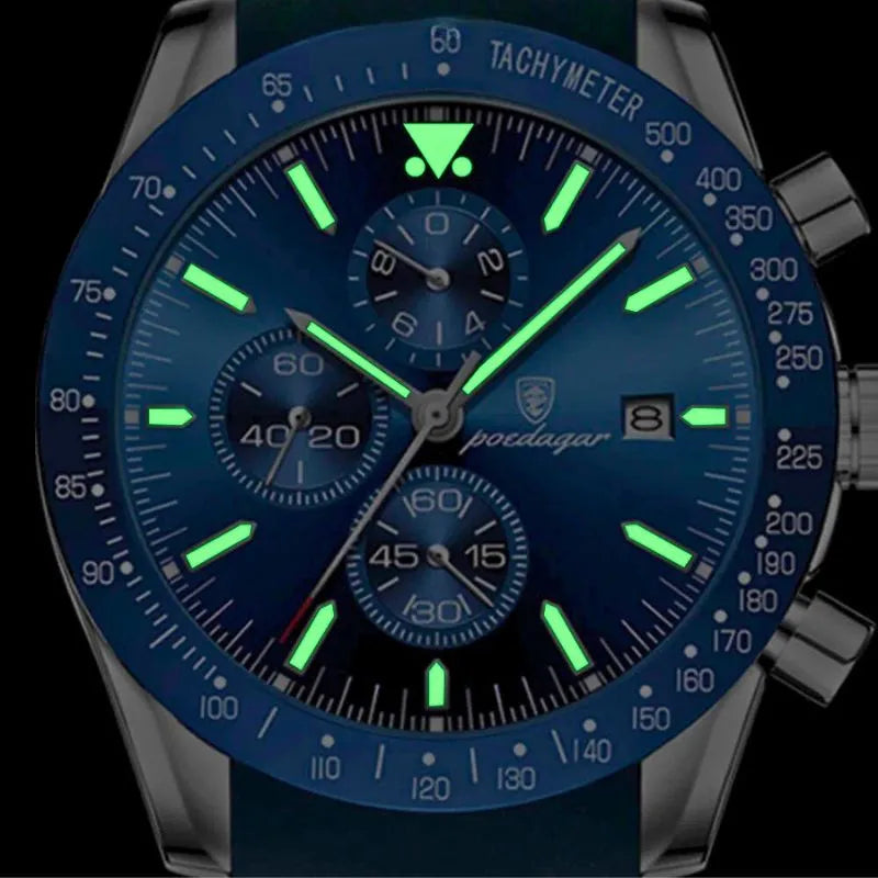 Relógio masculino Poedagar Venezia Oceano em silicone, mostrador azul-marinho — detalhe do acabamento