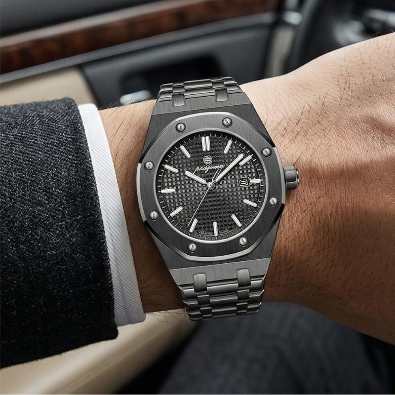 Relógio masculino Poedagar Deluxe Octagon All Black em aço inoxidável, mostrador preto — vista detalhada