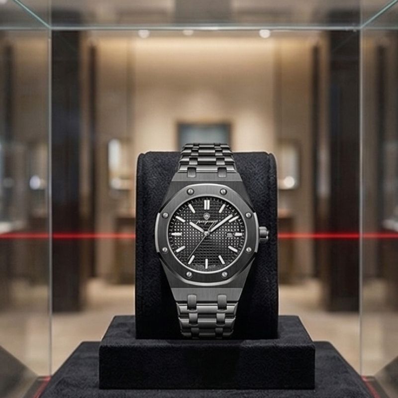 Relógio masculino Poedagar Deluxe Octagon All Black em aço inoxidável, mostrador preto — detalhe do acabamento