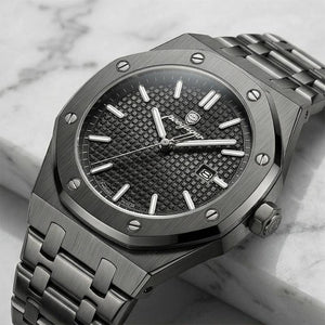 Relógio masculino Poedagar Deluxe Octagon All Black em aço inoxidável, mostrador preto — vista do conjunto