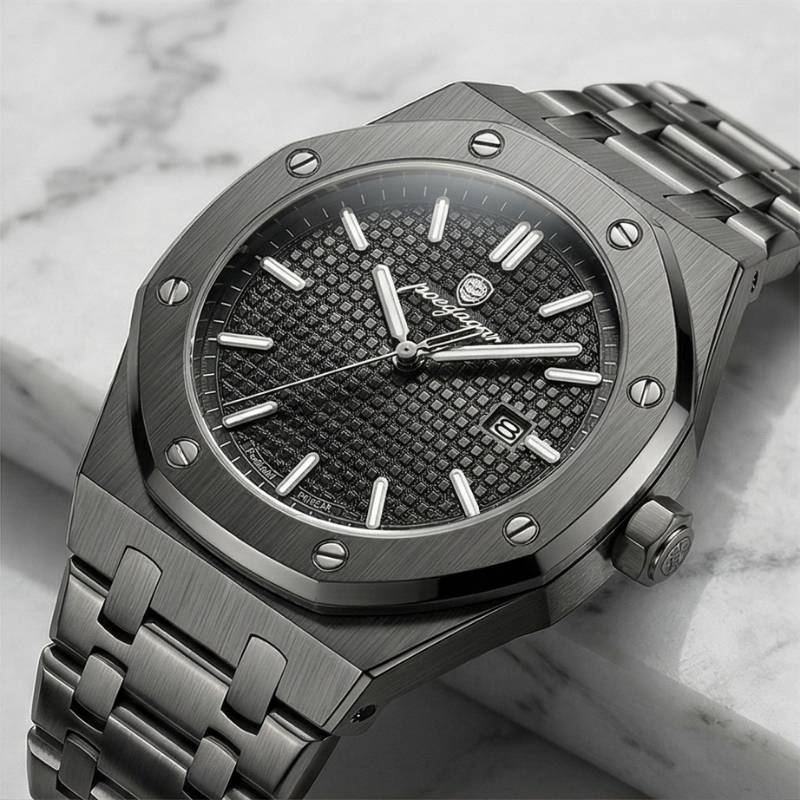 Relógio masculino Poedagar Deluxe Octagon All Black em aço inoxidável, mostrador preto — vista do conjunto