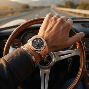 Relógio masculino Poedagar Deluxe Octagon Rosé Black em aço inoxidável, mostrador preto — vista detalhada