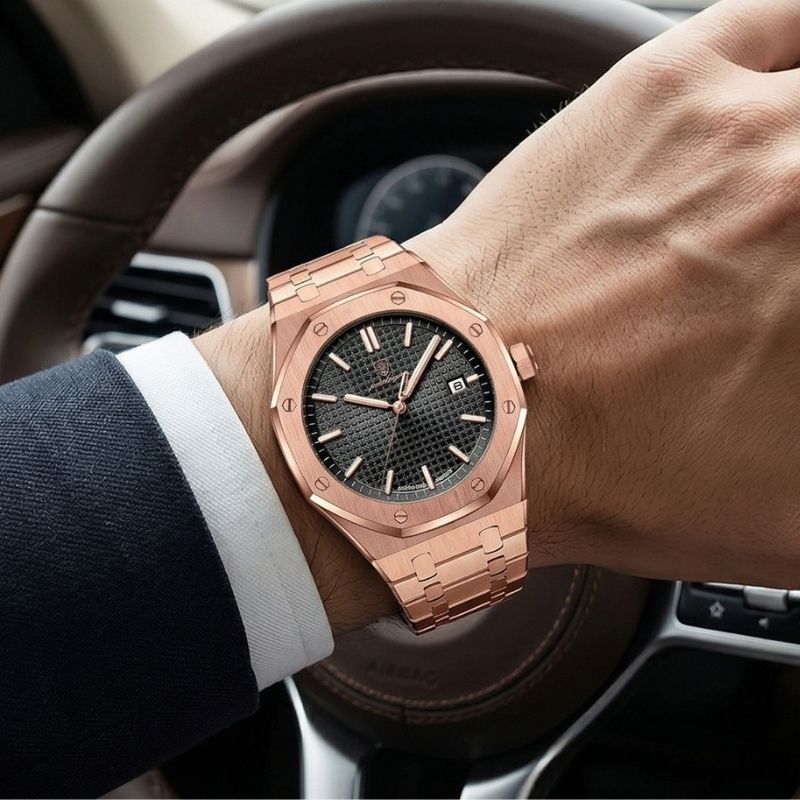 Relógio masculino Poedagar Deluxe Octagon Rosé Black em aço inoxidável, mostrador preto — detalhe do acabamento